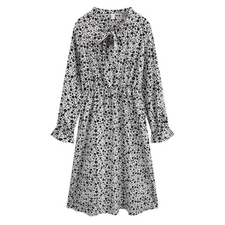 Váy hoa nhí vintage cổ nơ tay dài ulzzang chun eo , đầm thiết kế dáng dài