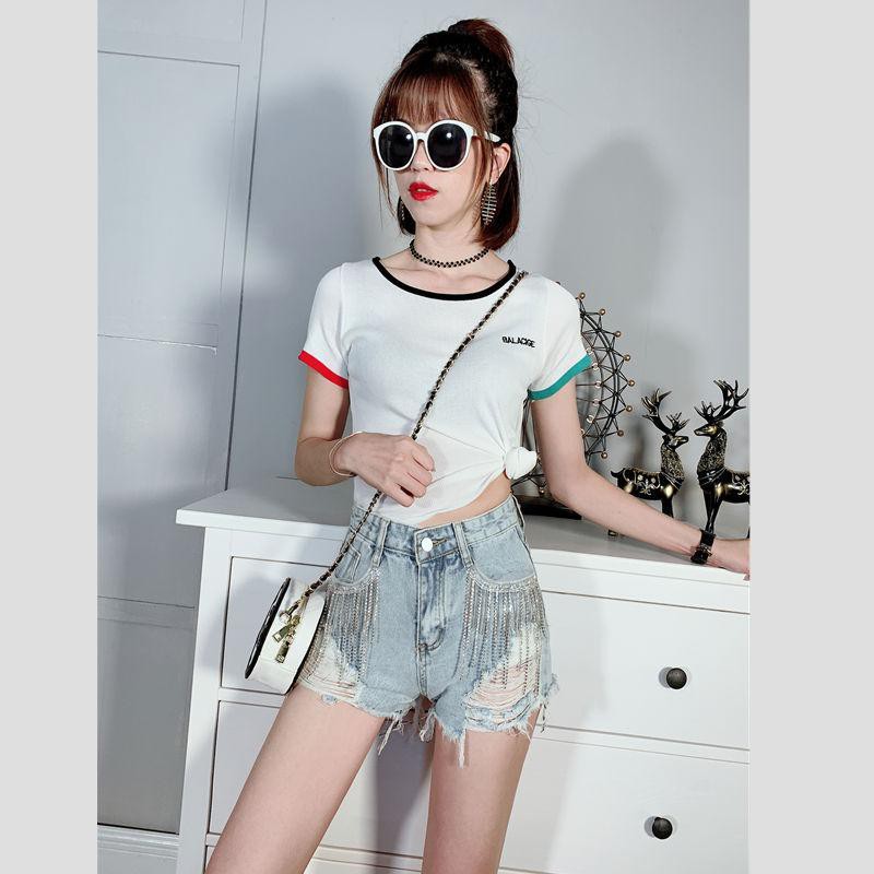 Quần Short Denim Lưng Cao Đính Đá Thời Trang 2021