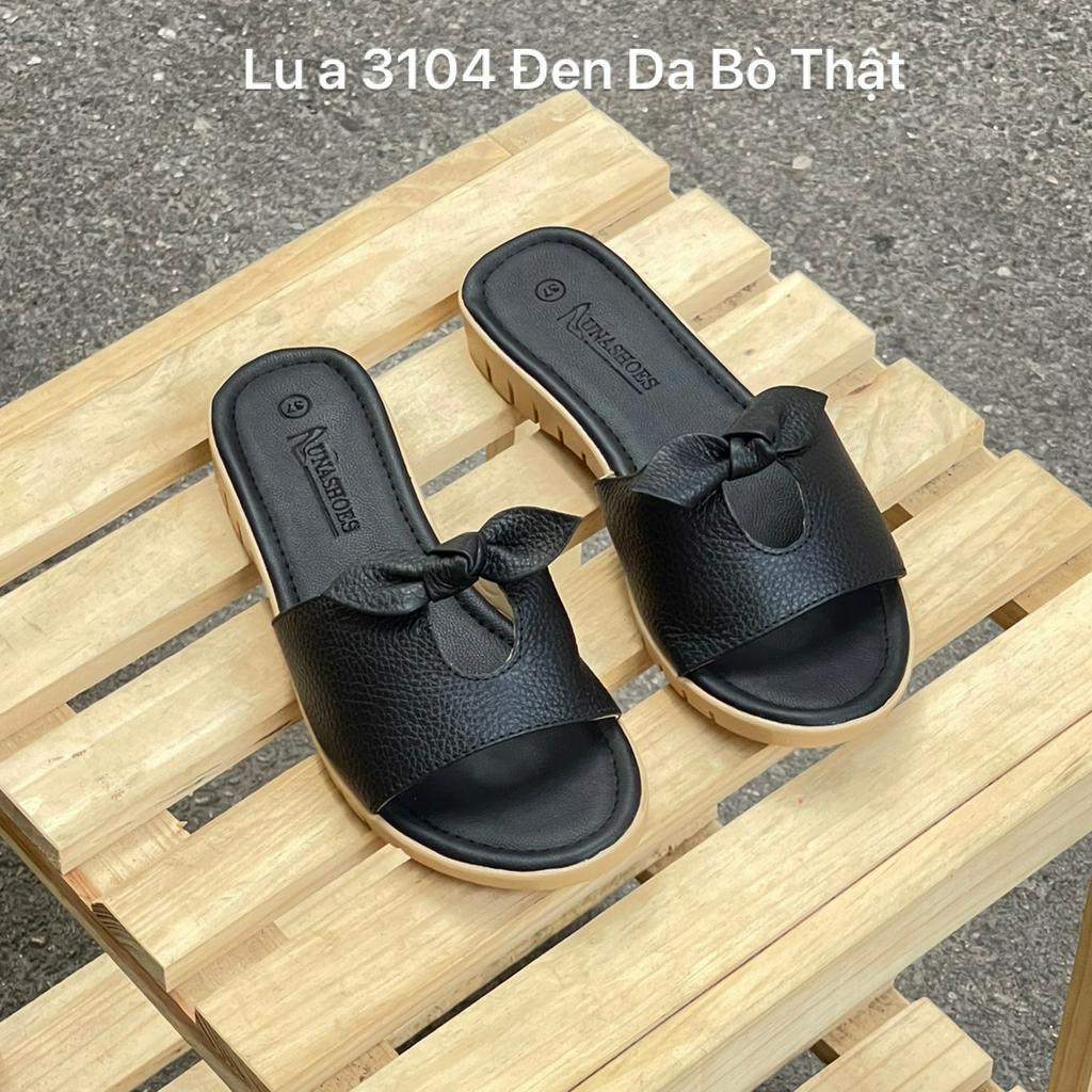 Dép lê nữ đế bằng 2p LUNASHOES 3104 da bò mềm êm chân mũi hở có nơ quai ngang thoáng mát bảo hành 2 năm