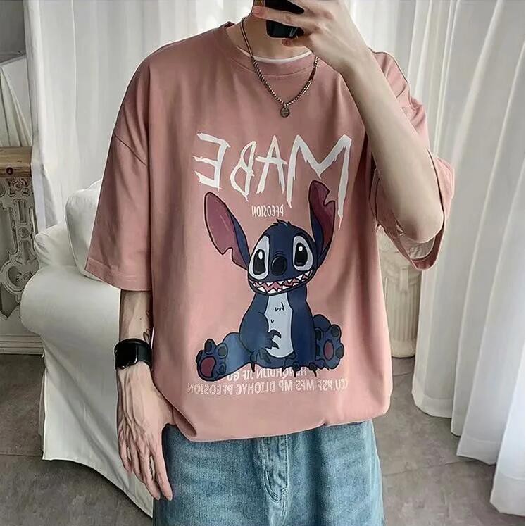 Áo thun tay ngắn dáng rộng in họa tiết hoạt hình 8 màu sắc tùy chọn phong cách Hàn Quốc thời trang cho nam