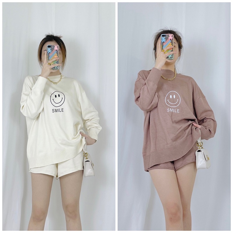 Sét bộ nữ SMILE áo sweater kèm quần đùi from rộng Quảng Châu cao cấp - SUSASHOP