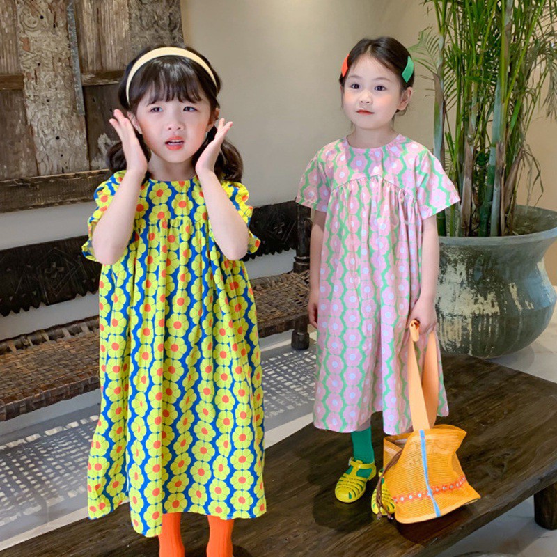 Đầm công chúa dáng dài cổ tròn in hoa phong cách Hàn Quốc thời trang mùa hè cho bé gái