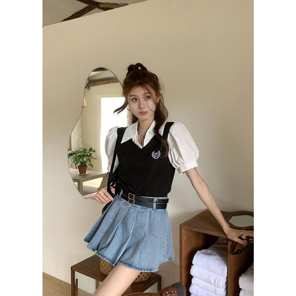 Bộ Áo Polo Giả Hai Lớp Phối Chân Váy Denim Xếp Ly Phối Thắt Lưng Thời Trang Mùa Hè 63487