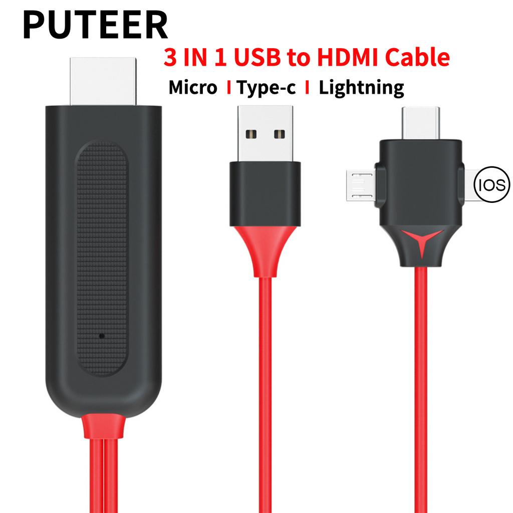 PUTEER 3 IN 1 Micro USB Type-C Lightning To HDMI Mobile Phone To HDMI TV HD Cable for IPhone Android oppo vivo xiaomi samsung phone to TV Projector TV Stick Cable