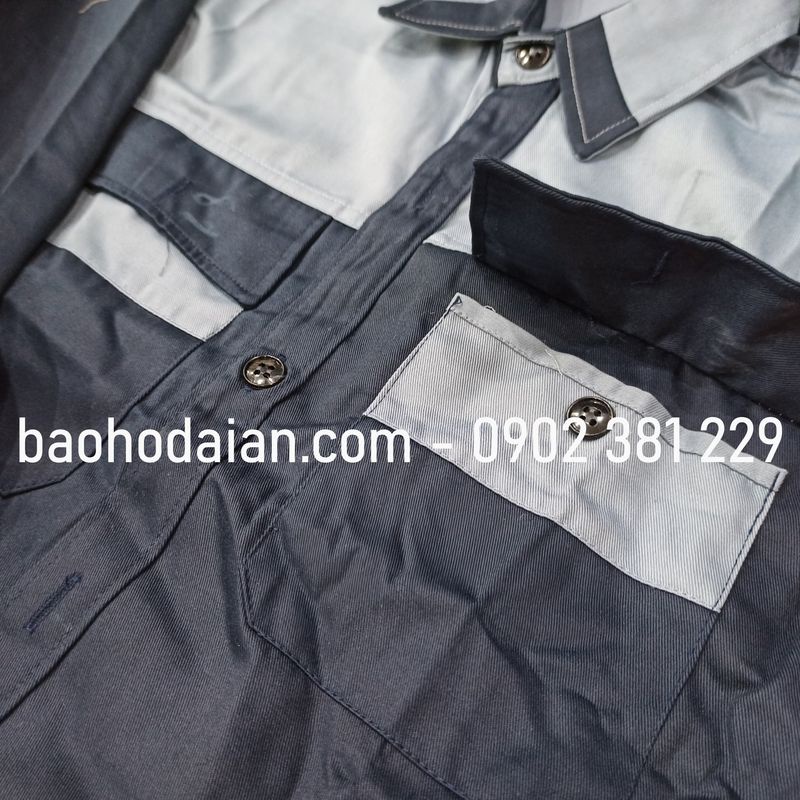 Quần áo bảo hộ lao động vải kaki 31 màu xanh đen phối ghi tím - M18