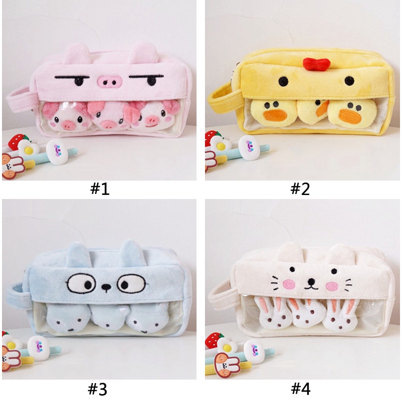 Túi Đựng Bút Trong Suốt Họa Tiết Hoạt Hình Phối Lông Nhung Xinh Xắn