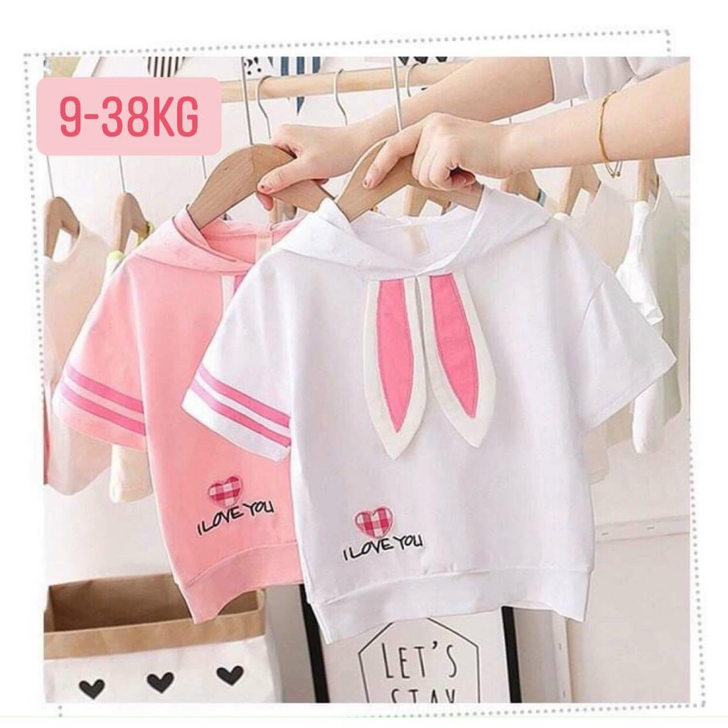 Áo thun bé gái, áo thun có mũ gắn tai thỏ dễ thương thun cotton chính phẩm loại 1 mềm mịn mát cho bé 9kg đến 20kg