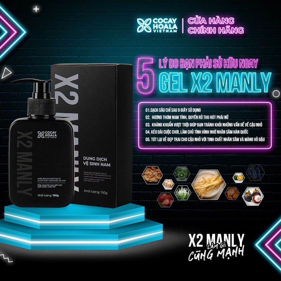 Gel Vệ Sinh Nam Giới X2 Manly Cocayhoala - Dung dịch vệ sinh làm sạch sâu, Giúp trẻ hóa cậu nhỏ với dung tích 150ml