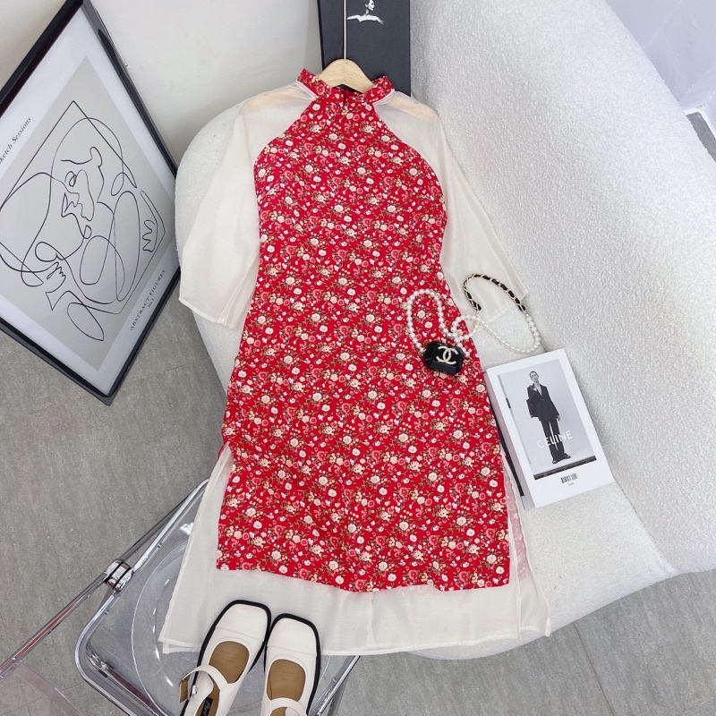 Đầm áo dài hoa cách điệu