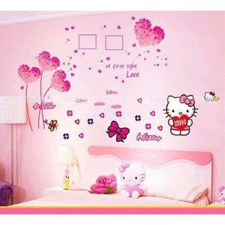Decal dán tường combo trái tim hồng và mèo kitty