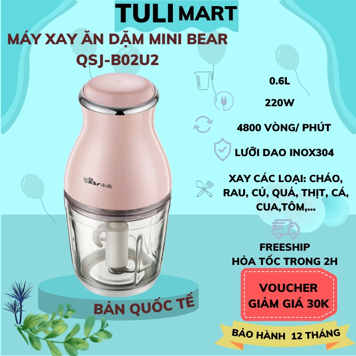 Máy xay thịt cá thực phẩm đa năng Bear lưỡi dao inox cốc thuỷ tinh 600ml tiện lợi Gia dụng Bear Tuli Mart