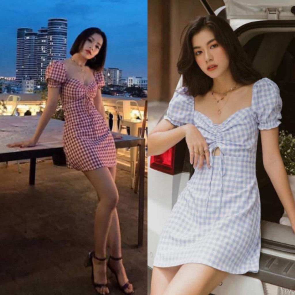 Đầm caro rút ngực tay phồng (có ảnh thật)