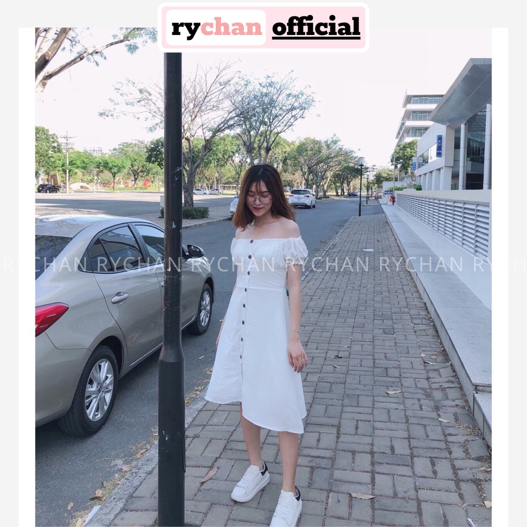 DX386 - Đầm Xòe Sơ Mi Trễ Vai Trắng Xinh Xắn