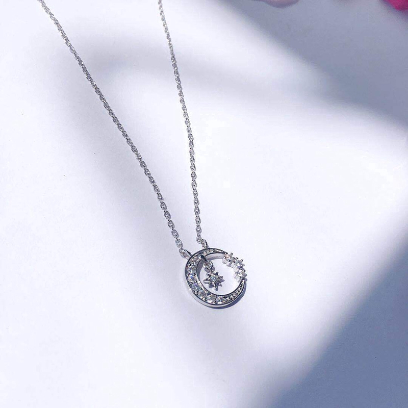 Bạc Ngôi Sao Vòng Cổ Mặt Trăng Silver Star Moon Zircon Choker Necklace Women Jewelry