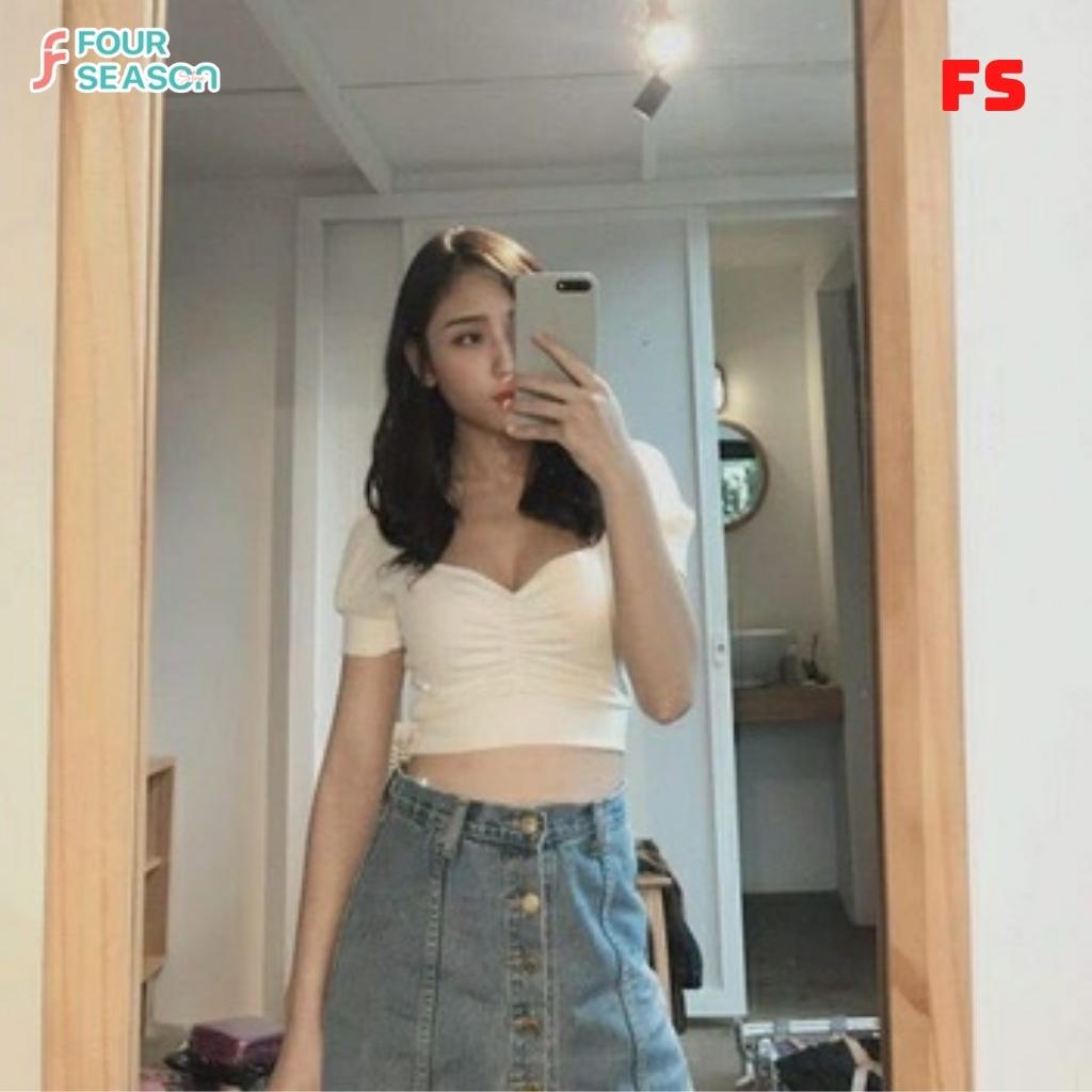 Áo croptop nữ tay phồng cổ vuông ,nhún ngược chất vải tốt mịn màn chất lượng ACT05 4S