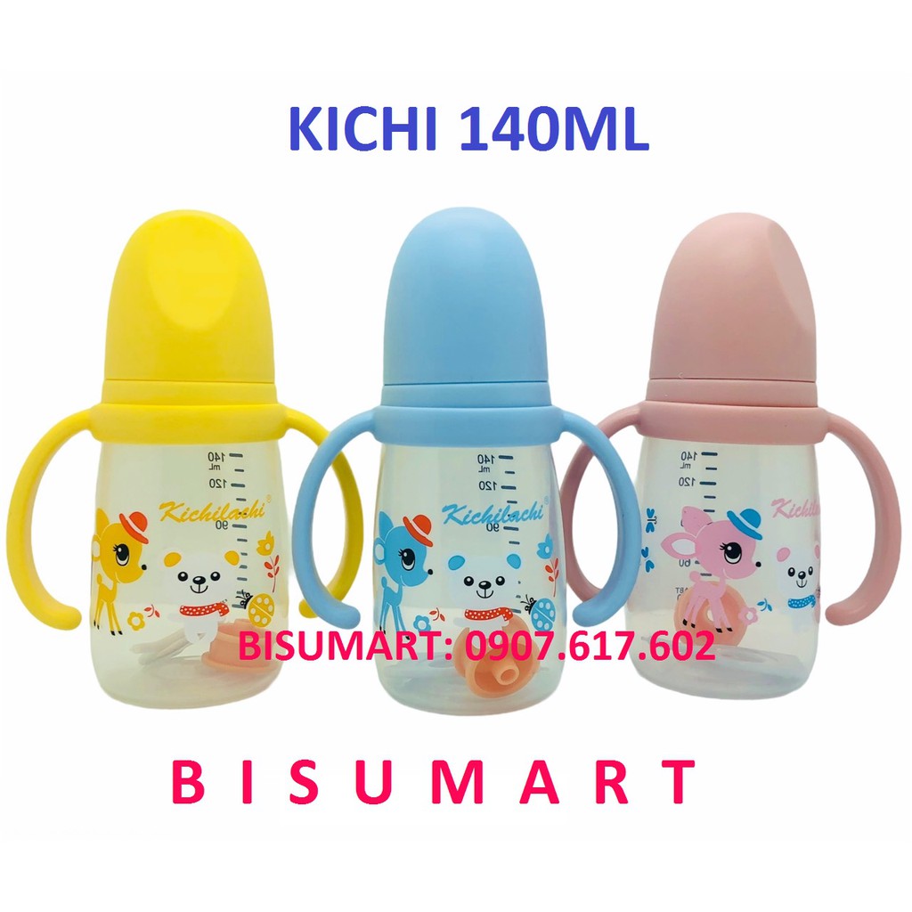 Bình Sữa cổ hẹp KICHI có quai cầm cho Bé nhựa PP 140ml / 200ml / 260ml (Tặng kèm van chống sặc)