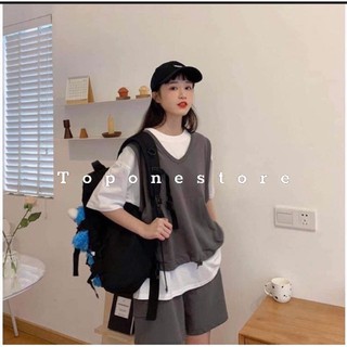 Sét gile có túi phối quần đùi áo tay lỡ dáng rộng / Set bộ 3 món gile xám