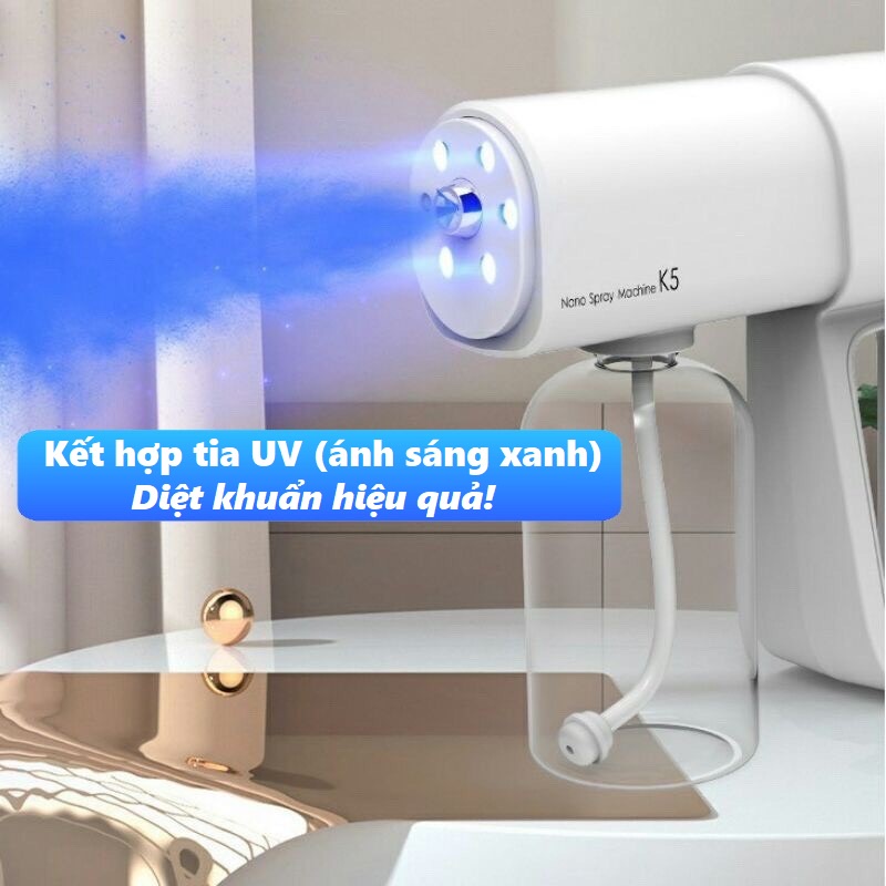 Máy xịt khử khuẩn NANO K5, máy xịt khử khuẩn cầm tay tích hợp ánh sáng xanh diệt khuẩn