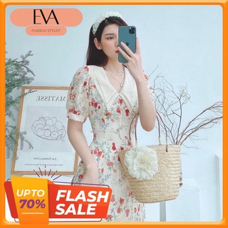 Váy hoa nhí dáng dài công sở cao cấp cổ đức eo nhấn đai cúc ngọc chất liệu mềm mịn 2 lớp thiết kế