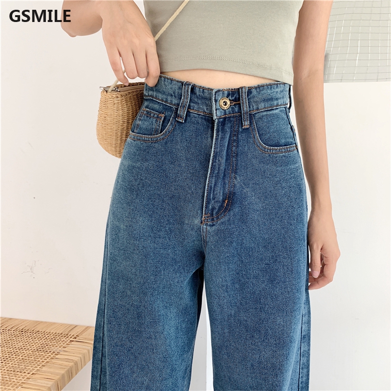 Quần jeans nữ lưng cao ống rộng vải denim xanh dương