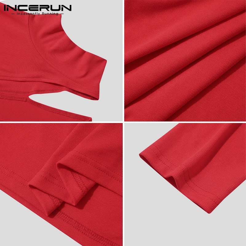 Áo INCERUN tay dài họa tiết khoét rỗng co giãn màu trơn thời trang thường ngày cho nam