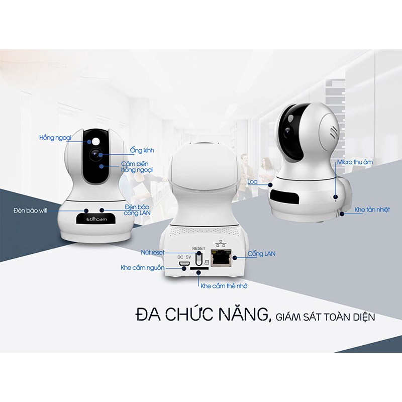 Camera IP Wifi EbitCam E3 2MP thu âm 360 độ, IR 10m, F3.6mm, video call, Phát hiện chuyển động, Giảm ồn thông minh