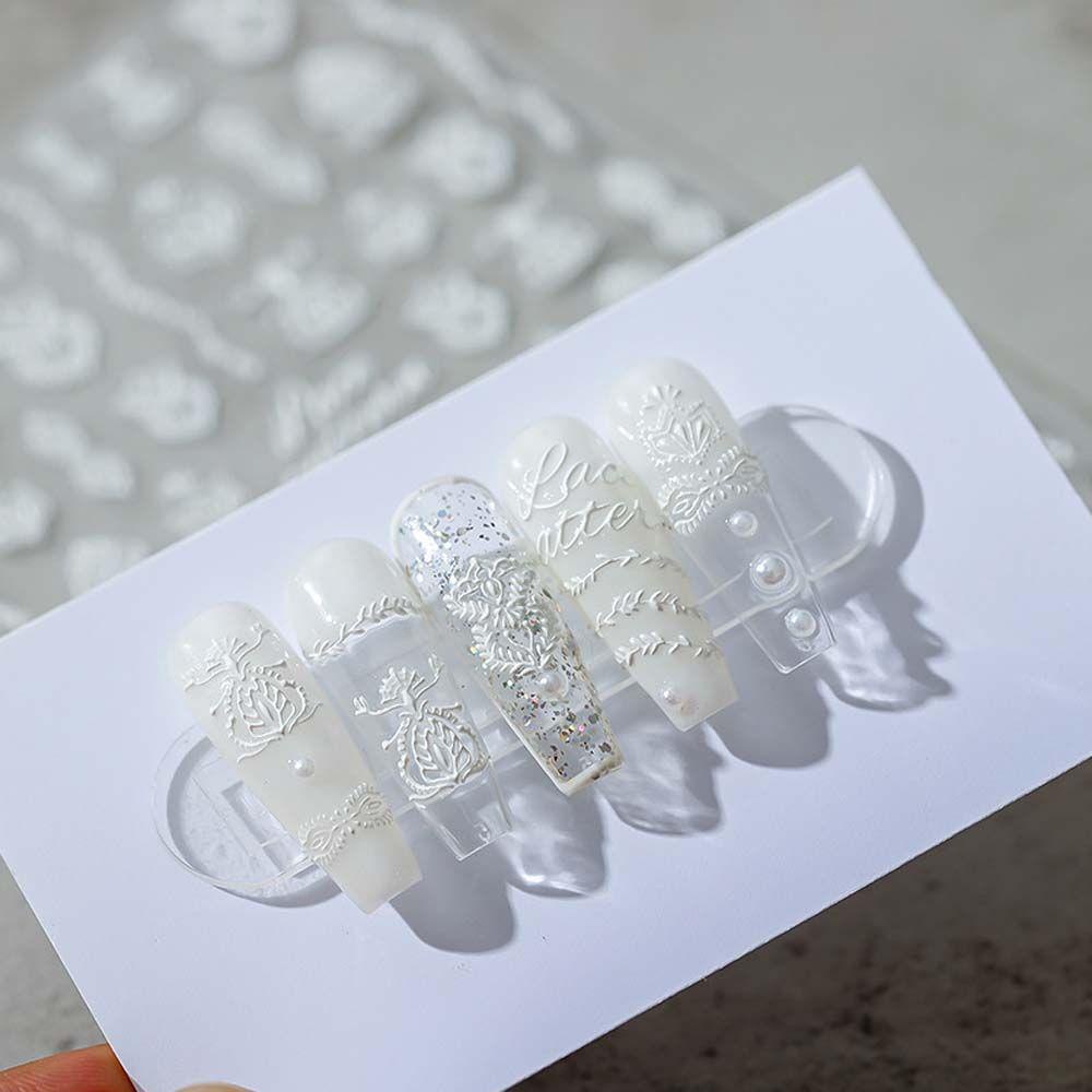 Miếng Dán Trang Trí Móng Tay Tự Dính Họa Tiết Dập Nổi 5D Màu Trắng Dễ Thương Dành Cho Nữ