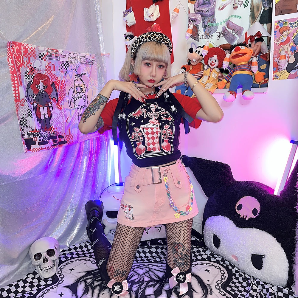 Áo thun croptop MMIOT Y2K tay ngắn in họa tiết đầu lâu phong cách harajuku Hàn Quốc thời trang 2023 cho nữ