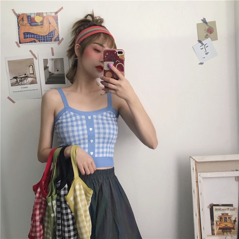 Áo Croptop sát nách họa tiết caro phong cách Hàn Quốc | BigBuy360 - bigbuy360.vn