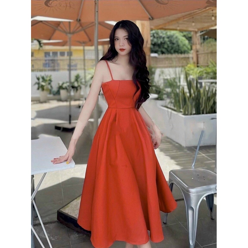 Đầm xoè/ Đầm hai dây màu cam hàng thuết kế chuẩn mẫu
