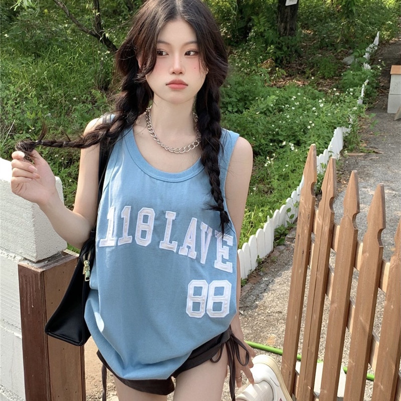 Áo thun ba lỗ SUXI dáng rộng in chữ đơn giản phong cách thể thao thời trang mùa hè cho nữ