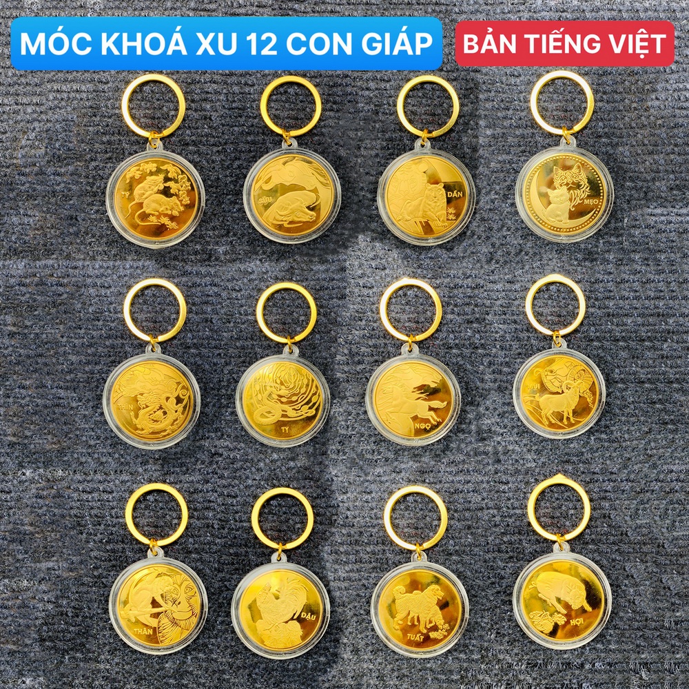 Móc Khóa Đồng Xu Khắc Hình 12 Con Giáp Phong Thủy May Mắn, Niken Mạ Vàng Sáng Bóng [CHỮ TIẾNG VIỆT]