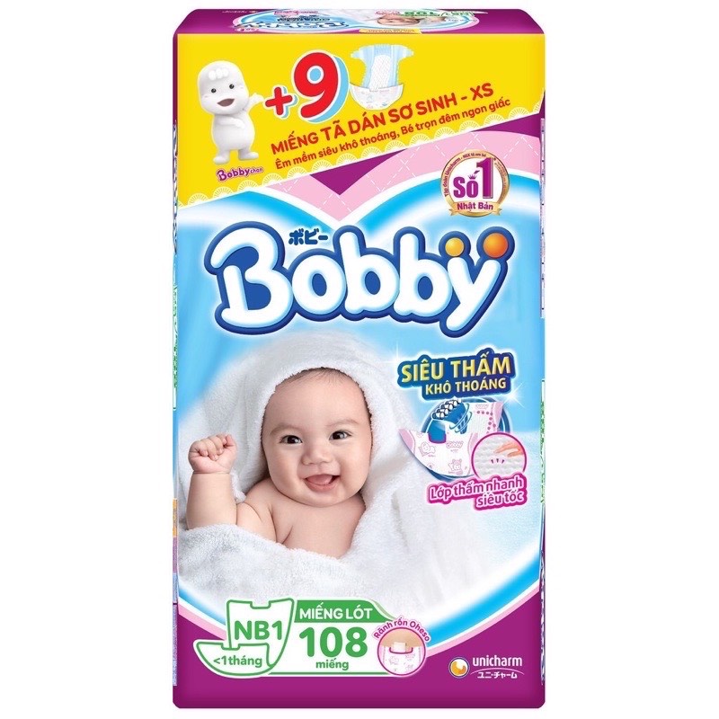  Miếng lót Bobby Newborn 1 - 108 miếng - Tặng Thêm 9 Miếng Tã Dán Bobby Size XS