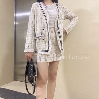 Set váy áo tweed trắng viền đen