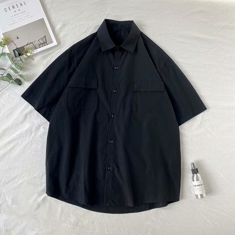 Áo sơ mi tay ngắn dáng rộng vải cotton thiết kế đơn giản phong cách Hàn Quốc thời trang cho unisex