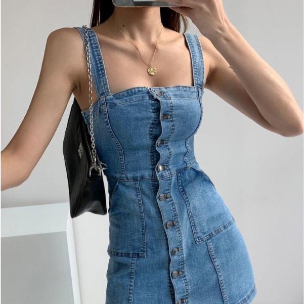 [MURIOKI] Đầm Denim Hai Dây Dáng Chữ A Phong Cách Hàn Quốc Thời Trang 2022 Cho Nữ