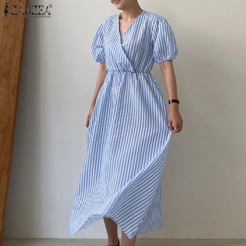 ZANZEA Đầm Dài Tay Ngắn Phồng Cổ Chữ V Họa Tiết Sọc Thời Trang Cho Nữ