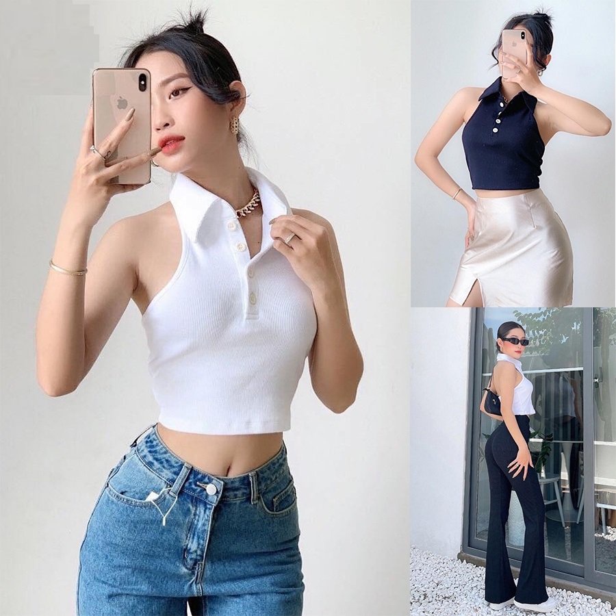 Áo croptop sát nách cổ đức, áo yếm hở lưng dạo phố