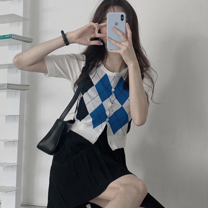 Áo cardigan ZHELIHANGFEI cổ tròn ngắn tay chất dệt kim cài nút họa tiết hình thoi dành cho nữ