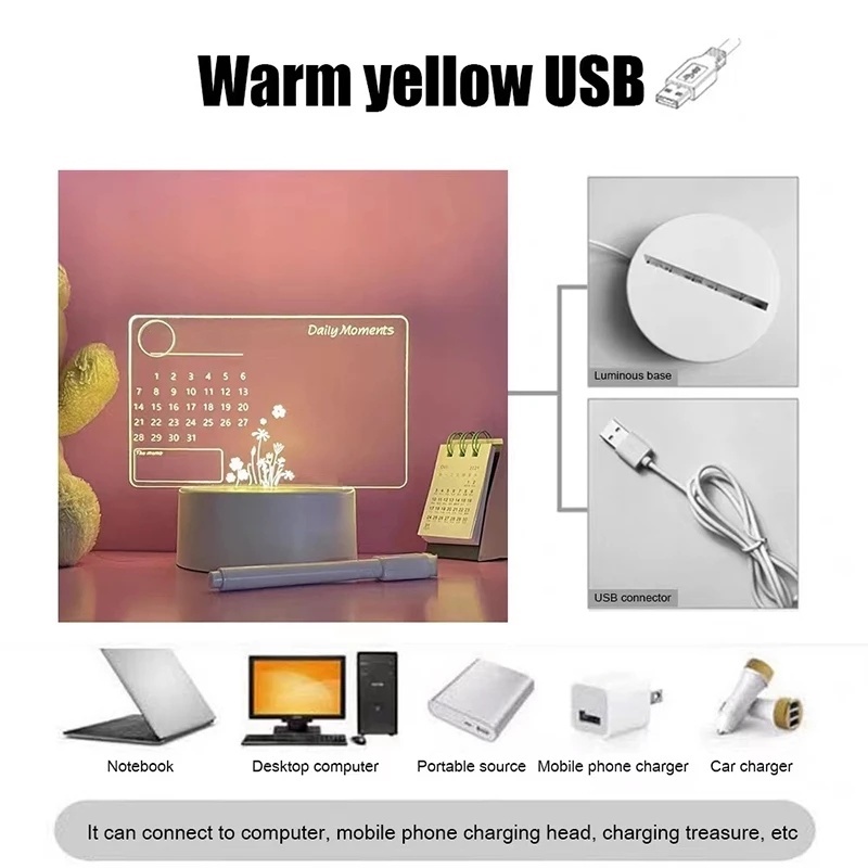 1 Bảng Ghi Chú Gắn Đèn Led Ban Đêm Trong Suốt Kèm Bút Viết DIY