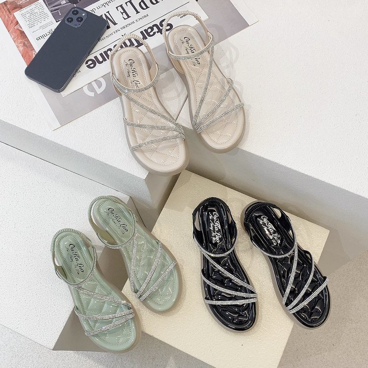 Dép sandal hở ngón đế bằng đính đá phong cách mùa hè kiểu Hàn thanh lịch dành cho nữ 2021