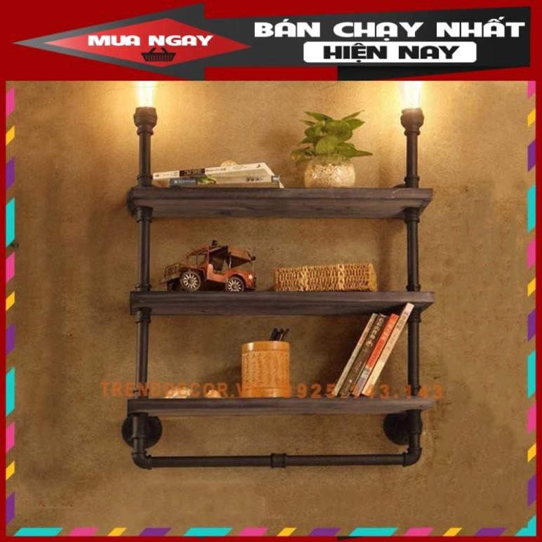 [GIÁ GỐC] kệ treo tường gỗ 3 tầng kệ ống nước Kiêm đèn tường và giá treo decor bằng ống săt độc lạ b