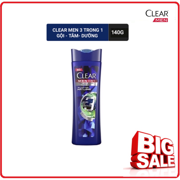 Dầu Tắm - Gội - Dưỡng Clear Men Active Mát Lạnh 3 Trong 1 Cho Nam 140g ( Hàng Khuyến Mãi )