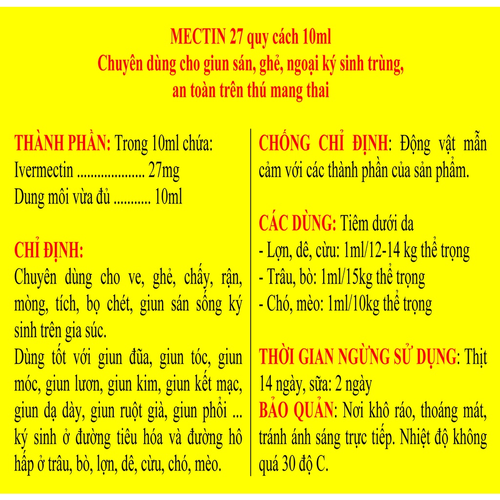 MECTIN 27 Quy cách 10ml Chuyên dùng cho Lợn, dê, cừu, chó, mèo, trâu, bò