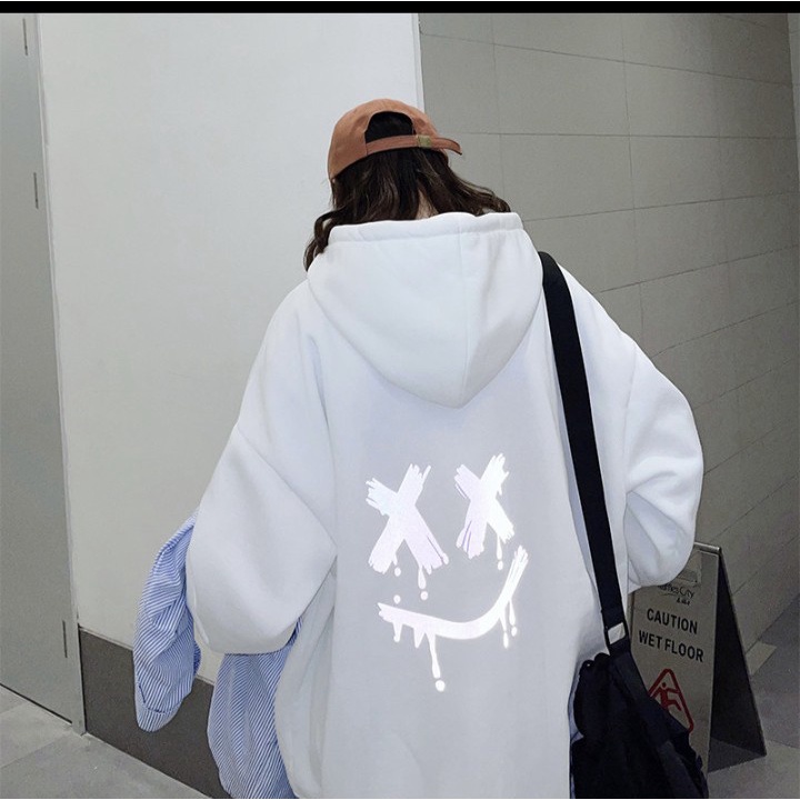 Áo hoodie mặt cười phản quang phom rộng dầy dặn