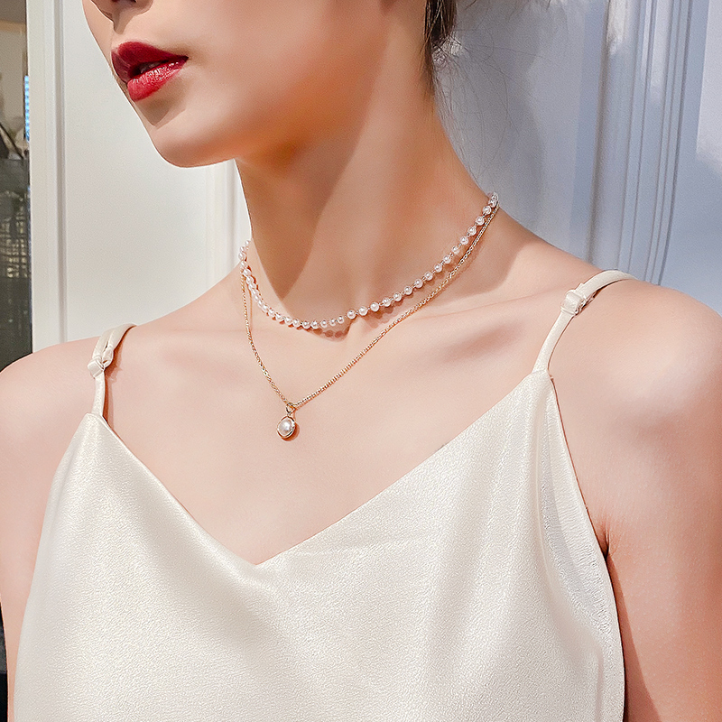 Dây Chuyền Hai Lớp Đính Ngọc Trai Nhân Tạo Đơn Giản Phong Cách Hàn Quốc