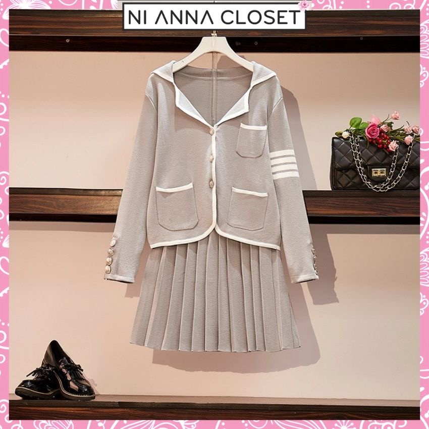 Set Váy Nữ Áo Croptop Tay Dài Len Tăm Chân Váy Xếp Li Style Học Sinh Hàn Quốc NI034 Ni Anna Closet