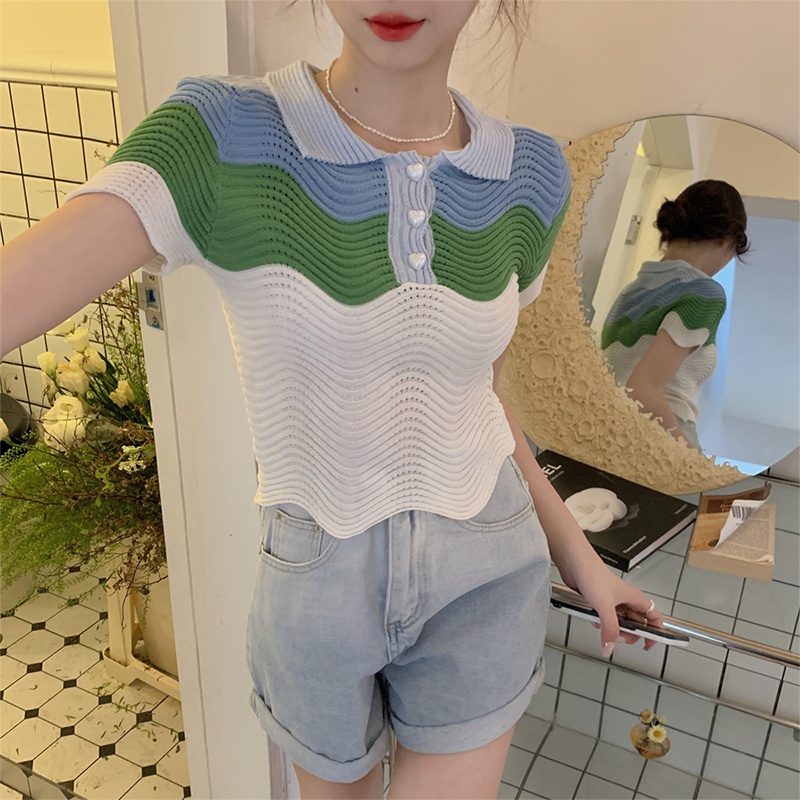 Áo Dệt Kim Ngắn Tay Dáng Ôm Phối Màu Thời Trang Mùa Hè Kiểu Mới