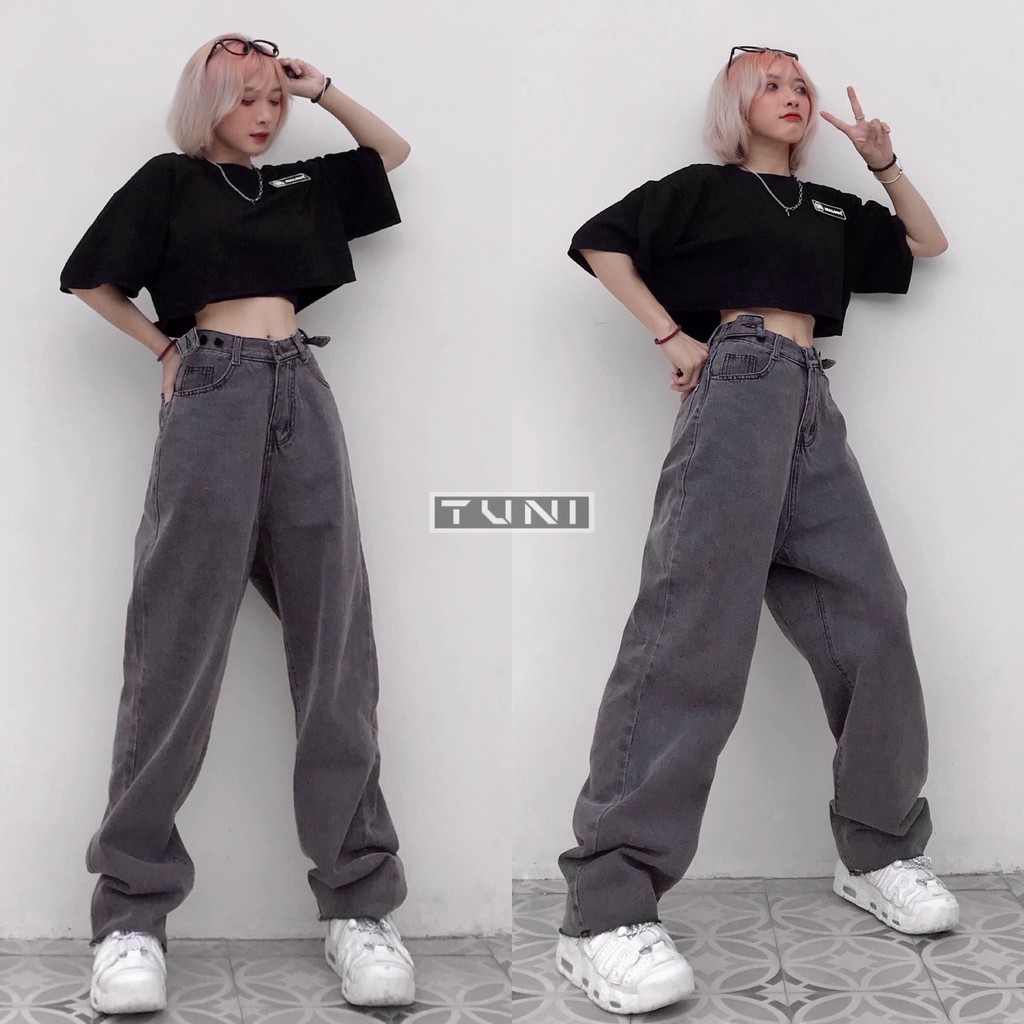 Quần jean nữ ống rộng lưng cao dáng suông xám (ẢNH THẬT) | BigBuy360 - bigbuy360.vn