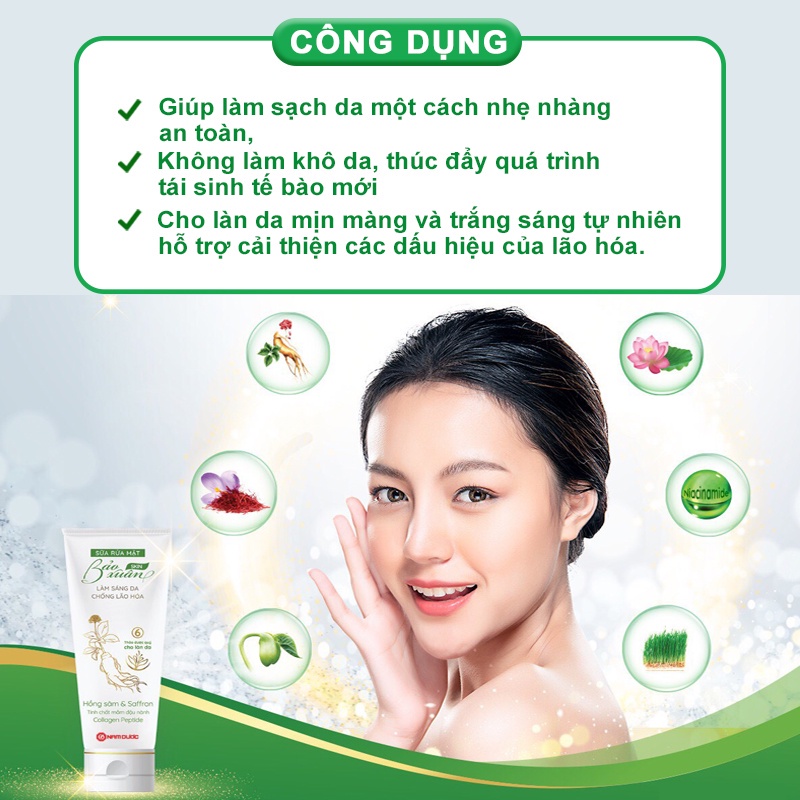 Sữa rửa mặt Bảo Xuân Skin tính chất dịu nhẹ làm sáng da, ngừa lão hóa, chiết xuất thảo dược 50g SRM